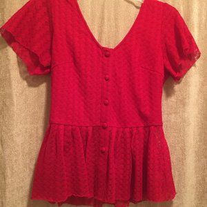 Red Lace V-Neck Peplum Top - S